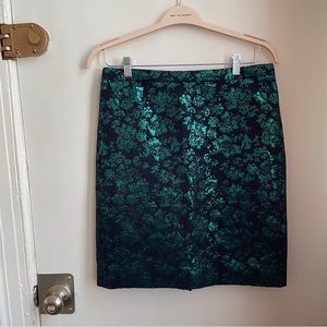 J Crew The Pencil Skirt in green & navy brocade